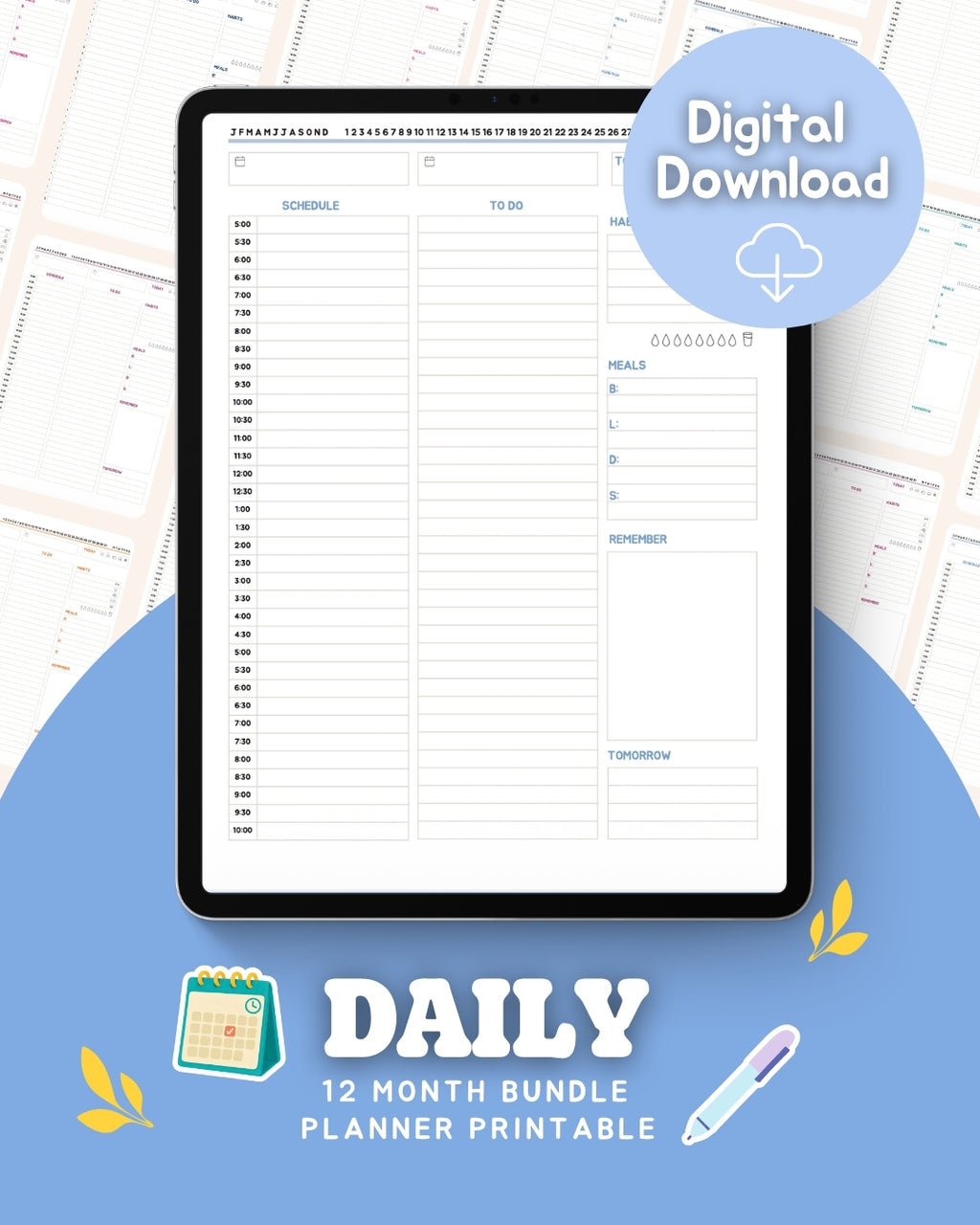 📅 Undated Daily Planner Pages | 12-Month Color Bundle
