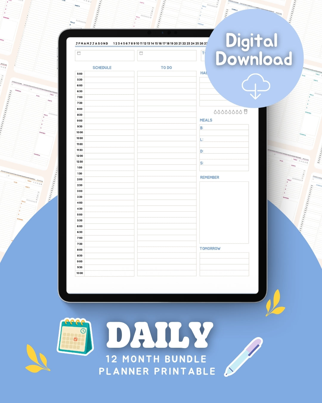 📅 Undated Daily Planner Pages | 12-Month Color Bundle