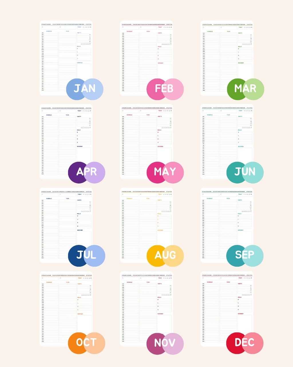 📅 Undated Daily Planner Pages | 12-Month Color Bundle